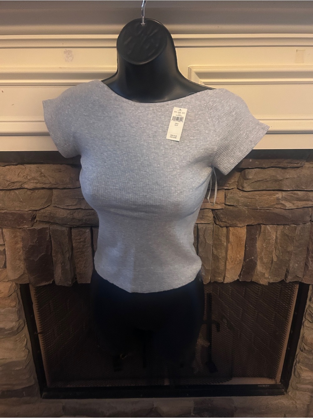 Aire Women's Light Gray Ribbed Short Sleeve Knit Top